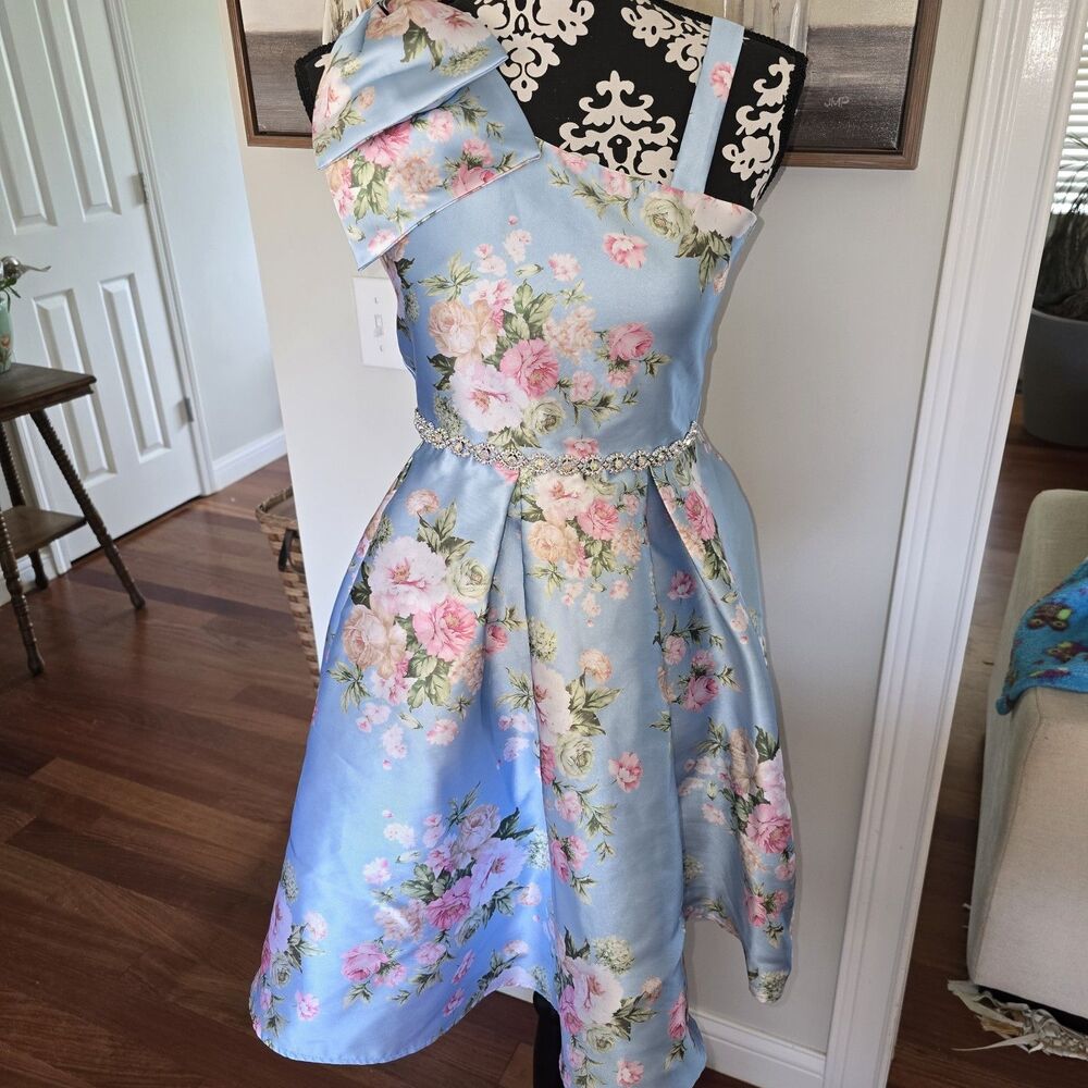 Rare Editions Baby Blue Floral Wedding Party Pageant Jeweled Lined Size 16 Dress